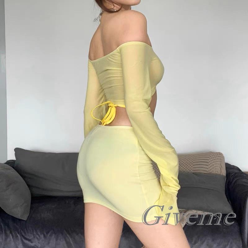 Bộ 2 Món Áo Croptop Trễ Vai Tay Dài + Chân Váy Lưng Thấp Màu Trơn Xinh Xắn Cho Nữ