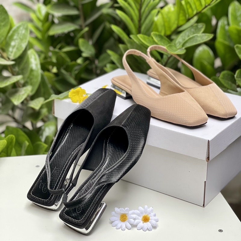 Giày Slingback Bệt Bít Mũi 2P Da Lộn, Giày Búp Bê Mũi Vuông JMFW Cao Cấp