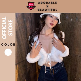 [Ảnh Thật] B4.3 Áo Thun Tay Dài Phối Lông Y2K, Áo Croptop Trắng Đen Dài Tay Mềm Mịn Sang Trọng Sexy [AdorablexBeautiful]