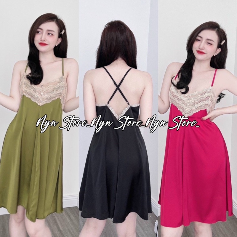 Váy ngủ 2 dây lụa gấm, đầm ngủ sexy kèm quần phối ren ngực
