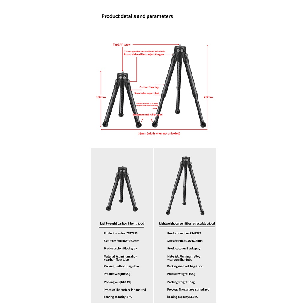 Giá Đỡ Ba Chân Mở Rộng Bằng Sợi Carbon XT-XINTE Với Ốc Vít 1 / 4 "Cho Máy Ảnh DSLR / Điện Thoại Thông Minh