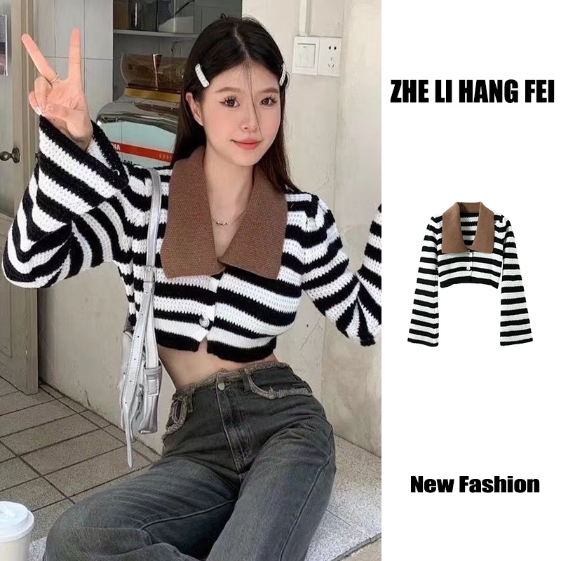 Áo ZHELIHANGFEI dệt kim tay dài cổ polo lưng cao kẻ sọc thiết kế quyến rũ cho nữ