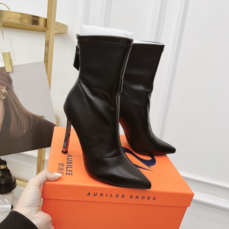 Boot cao gót da cổ thấp lót lông gót mix đá 9p fullbox