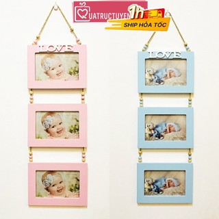Bộ 3 khung ảnh treo tường gỗ 10x15cm mặt kính ký ức ngọt ngào màu xanh/hồng