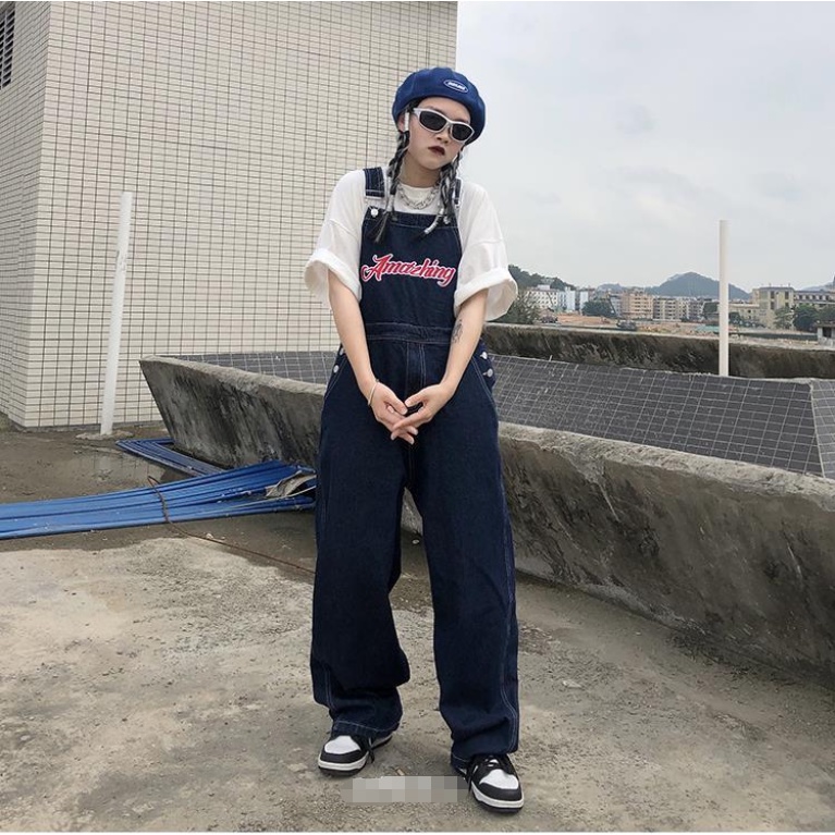 Quần Yếm Denim Dài Ống Rộng Thêu Họa Tiết Phong Cách Retro Mỹ Mới Cho Nữ