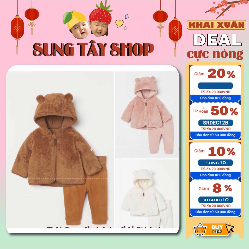 Bộ lông tai gấu hàng xuất dư siêu ấm áp cho bé trai bé gái từ 8-24kg