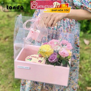 Hộp đựng quà mica trong suốt, giỏ quà tặng, hoa, quả, bánh kèm nơ ruy băng và túi 2 ngăn
