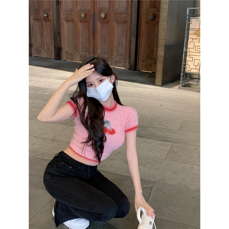 QKOOLE Áo crop top  tay ngắn hở rốn giả lông chồn thời trang mùa hè xinh xắn dành cho nữ