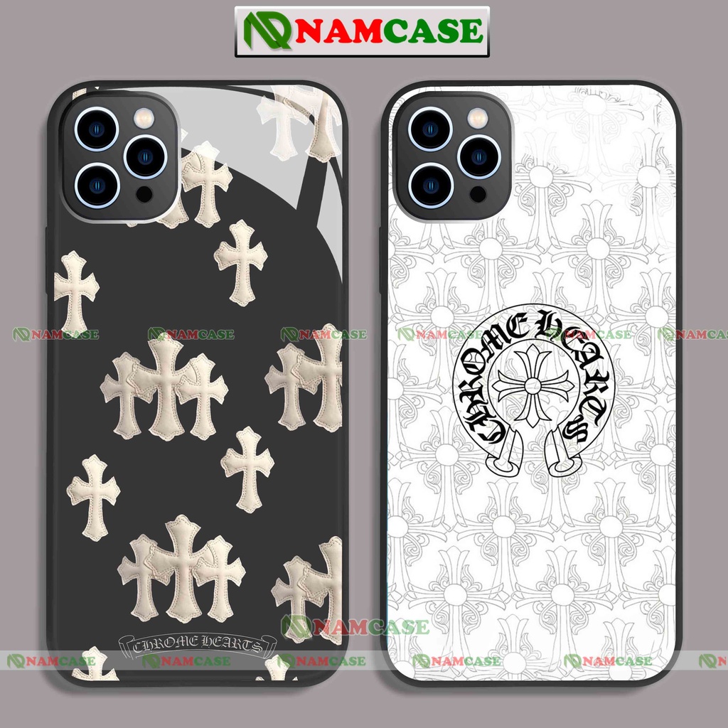 Ốp lưng kính iphone chrome heart cho ip 6/6s/7/8/X/XS/11/12/13/14 Pro Plus Max mặt sau chất liệu kính cường lực