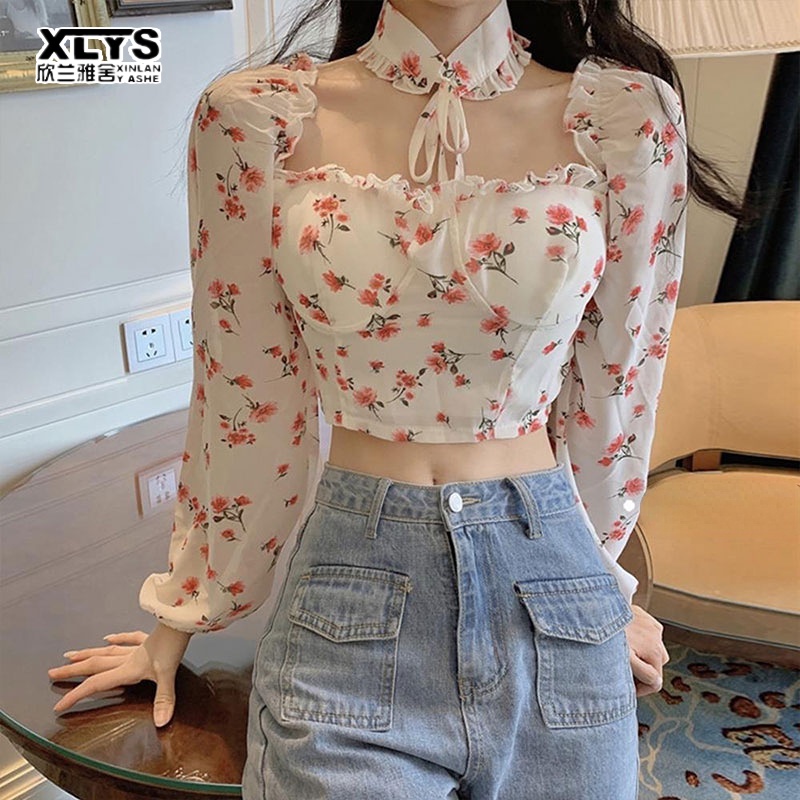 Áo kiểu XINLANYASHE tay dài cổ yếm in hoa hở rốn thời trang cho nữ