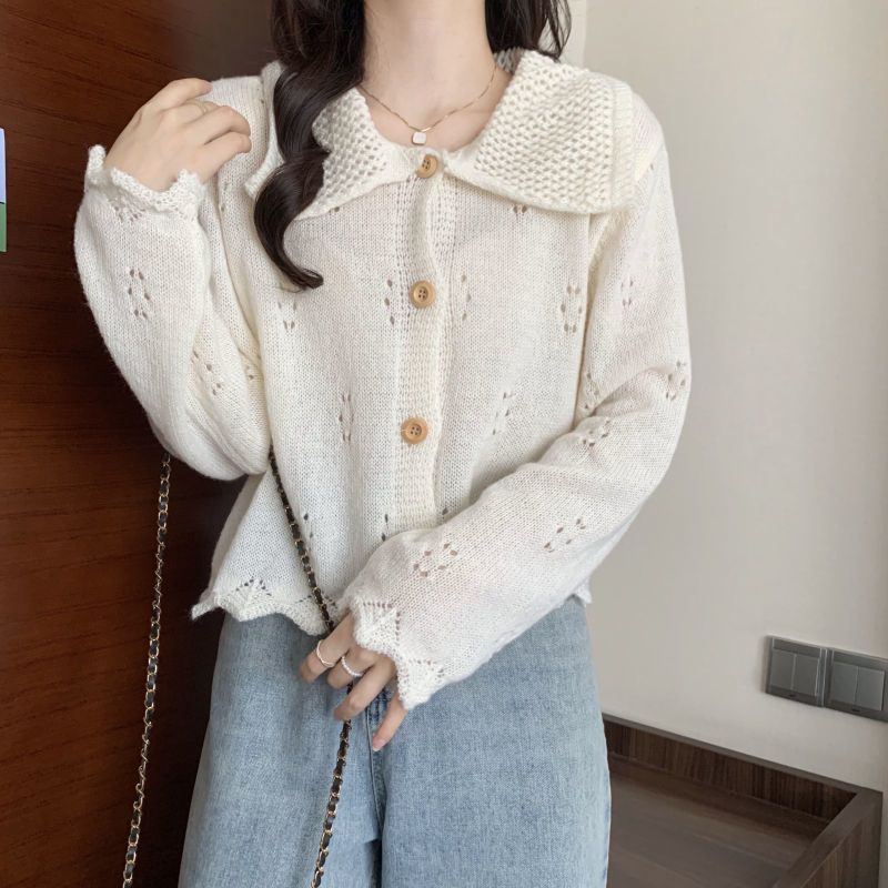 Áo Khoác Cardigan Dệt Kim Cổ Búp Bê Phong Cách Pháp Thời Trang Cho Nữ