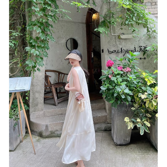 Sẵn -「ADELIA」Đầm Maxi 3 Lỗ Hàn Quốc Dáng Dài Màu Kem Chất Lụa Mềm Mại Hàng Quảng Châu Loại 1, Đầm Tiểu Thư Nhẹ Nhàng | BigBuy360 - bigbuy360.vn