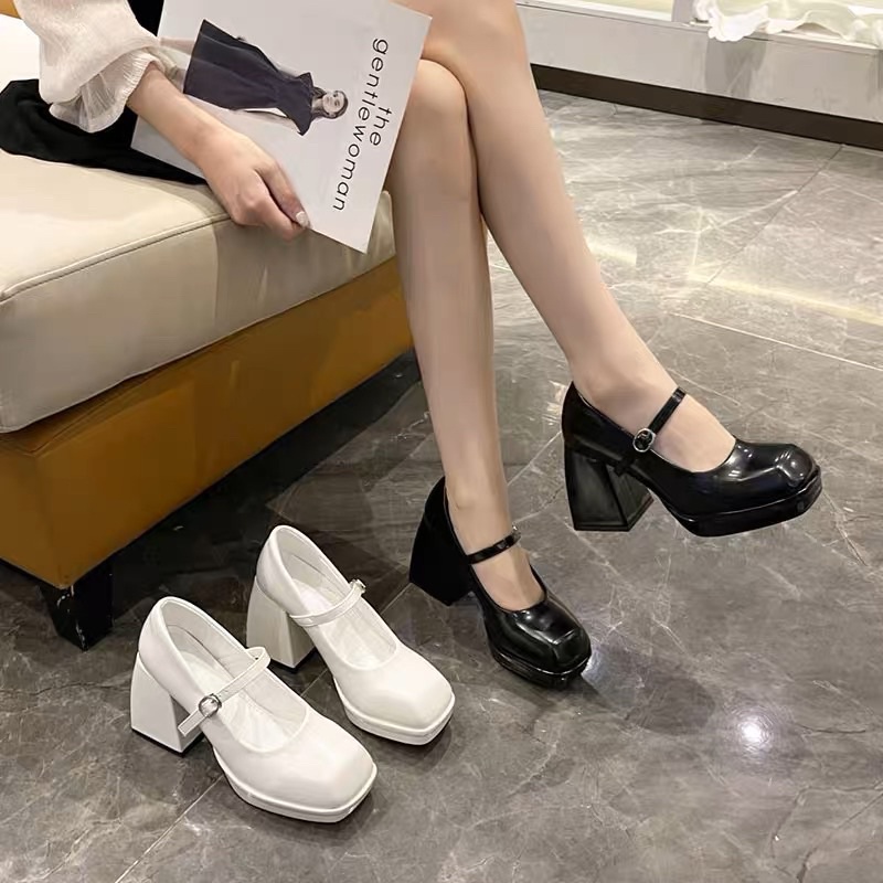 Giày búp bê Mary Jane nữ gót vuông cao 8cm có quai cài