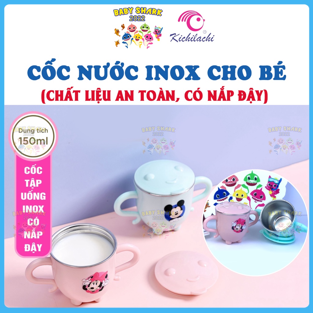 Cốc uống nước cho bé inox 2 lớp cách nhiệt KICHILACHI có tay cầm, nắp