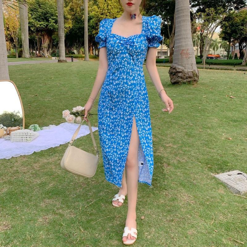 Đầm YEYA thiết kế xẻ tà in họa tiết hoa phong cách Pháp thời trang mới dành cho nữ