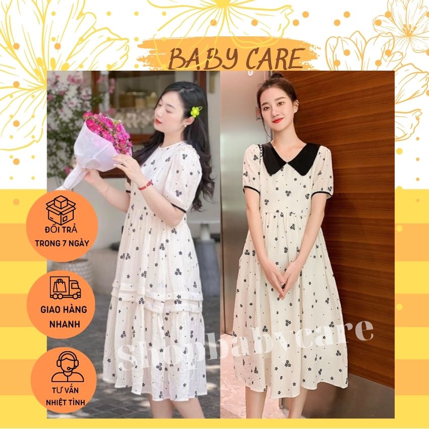 VÁY BẦU TIỂU THƯ CHẤT VOAN LỤA 2 LỚP - ĐẦM BẦU THIẾT KẾ HỌA TIẾT HOA ĐEN XINH XẮN,MẶC ĐI LÀM ĐI CHƠI