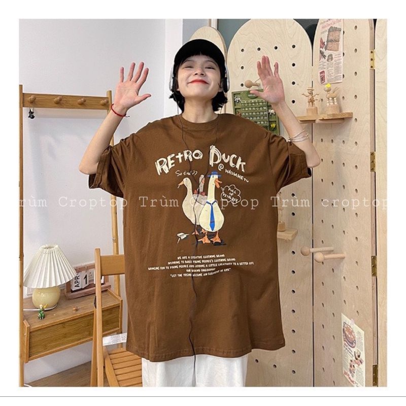 Áo thun tay lỡ in hình vịt Retro Duck màu nâu , Áo phông rộng form unisex dáng basic nam nữ