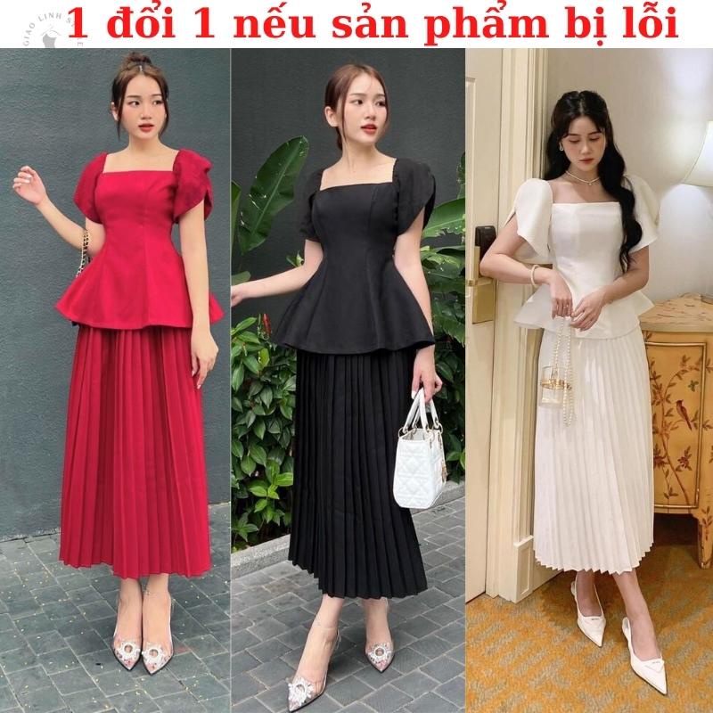 Sét áo trắng pelum tay tiên mix chân váy dập ly cổ vuông 3 màu FREESIZE