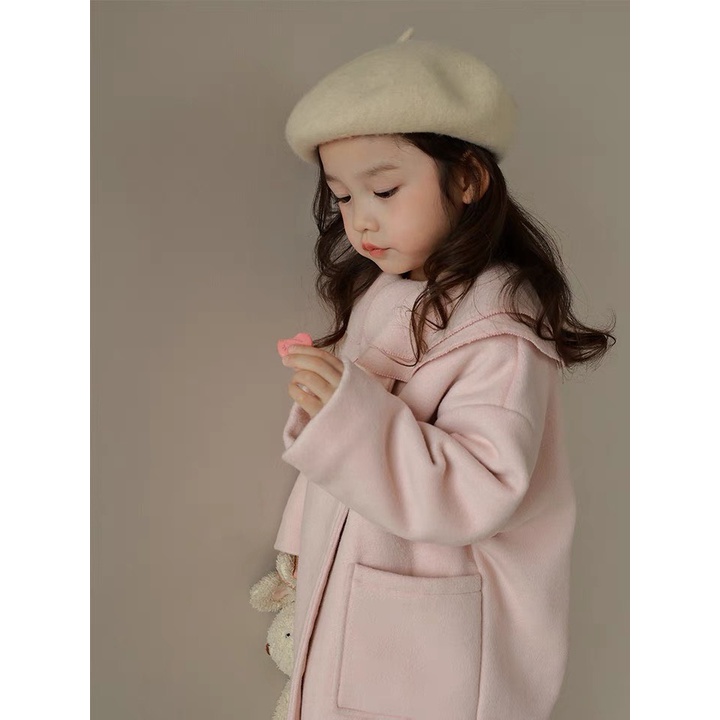 Áo khoác dạ hồng dáng rộng phối cổ sen bé gái Danchau 117