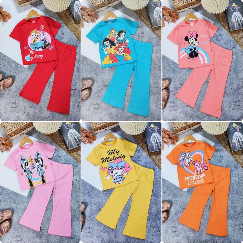 (23-35kg) Bộ tay ngắn quần dài ống loe bé gái thun cotton 4 chiều