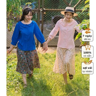  Set áo sơ mi kiểu nữ và chân váy hoa nhí YOLINEN cổ bèo tay lỡ vải linen thoáng mát 