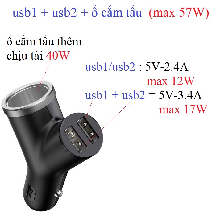 tẩu sạc ô tô Baseus Y Type Car Charger BSC-C16N
