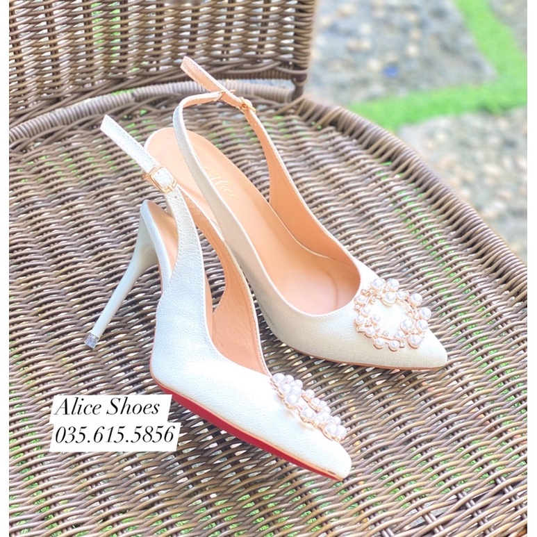 Giày Cao Gót mint Gót Nhọn bít mũi Quai Hậu Phối Nơ Đá, Nơ Ngọc 9P, 11P - Hàng VNXK Cao Cấp - Full Size 34-42