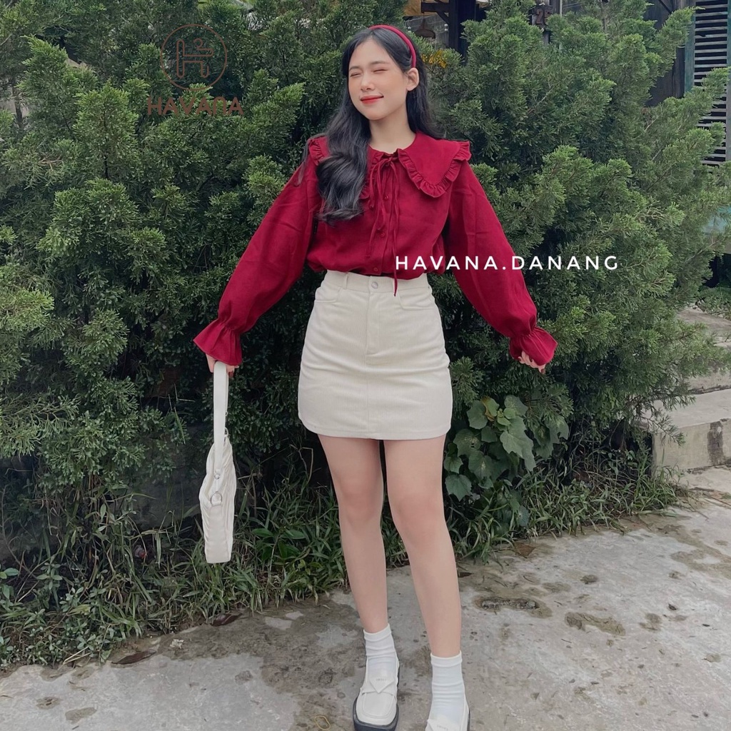 Áo sơ mi nhung bèo trơn buộc dây cùng màu mới, áo kiểu tay bèo hai màu freesize AE363