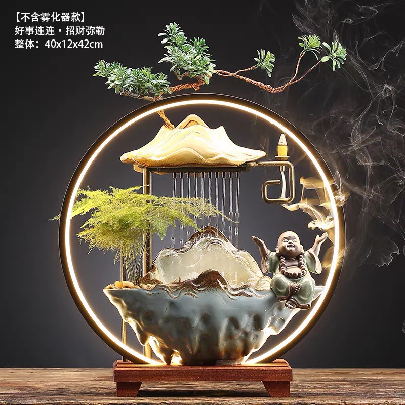 Tiểu cảnh thác nước cao cấp, đài thưởng trầm tài lộc phong thủy - Đài phun nước có đèn LED trang trí