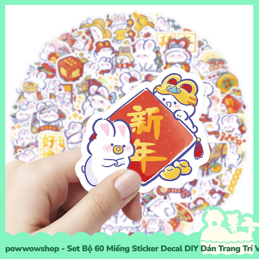 [Sẵn VN - Hỏa Tốc] Set Bộ 60 Miếng Sticker DIY Chống Thấm Nước Dán Trang Trí Vật Dụng Phong Cách Hoạt Hình Thỏ Tết