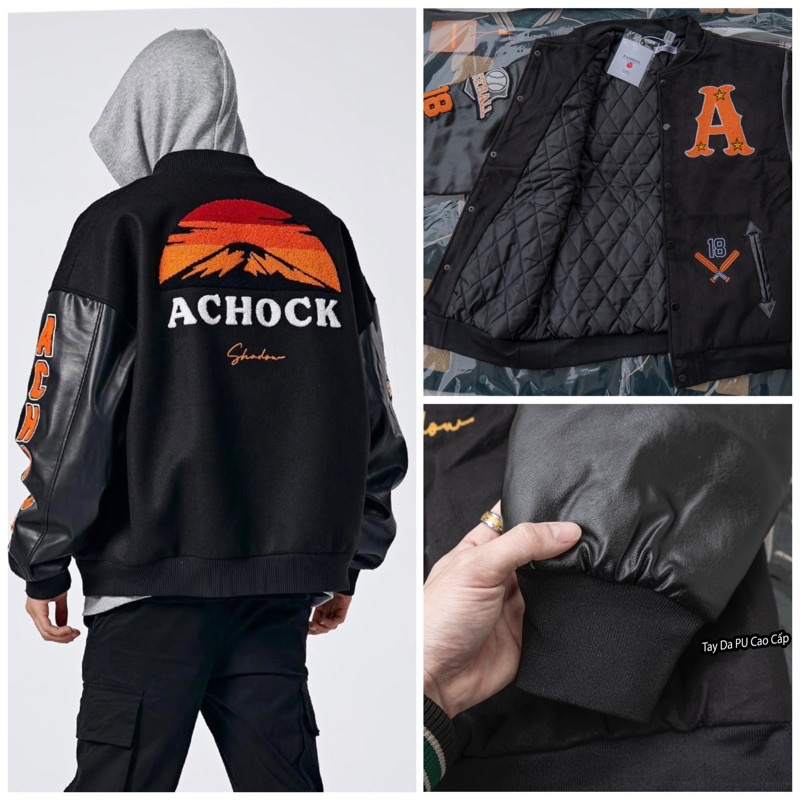 Áo Varsity Jacket Achock Hình Thêu Mountain Vải Dạ Lót Trần Bông Tay Da PU cao cấp