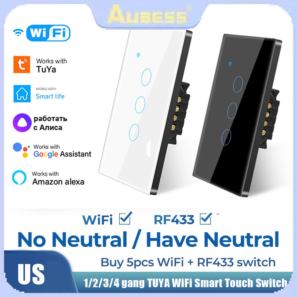 ISee Tuya Công Tắc Cảm Ứng Thông Minh Wifi Không Dây Trung Tính 110V 220V Us 1/2/3/4 Gang 433rf Bật Tắt Từ Xa Cho Alexa Google Home 【Aubess. Life. Store】