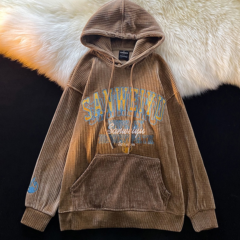 Áo Hoodies Nhung Kẻ Hoạ Tiết Chữ Thêu Thiết Kế Dáng Rộng Thoải Mái