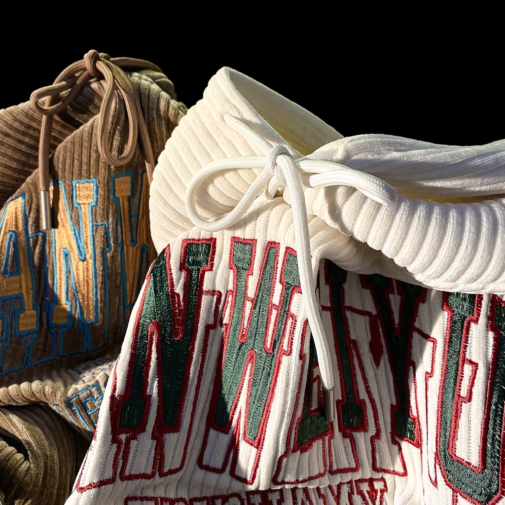 Áo Hoodies Nhung Kẻ Hoạ Tiết Chữ Thêu Thiết Kế Dáng Rộng Thoải Mái