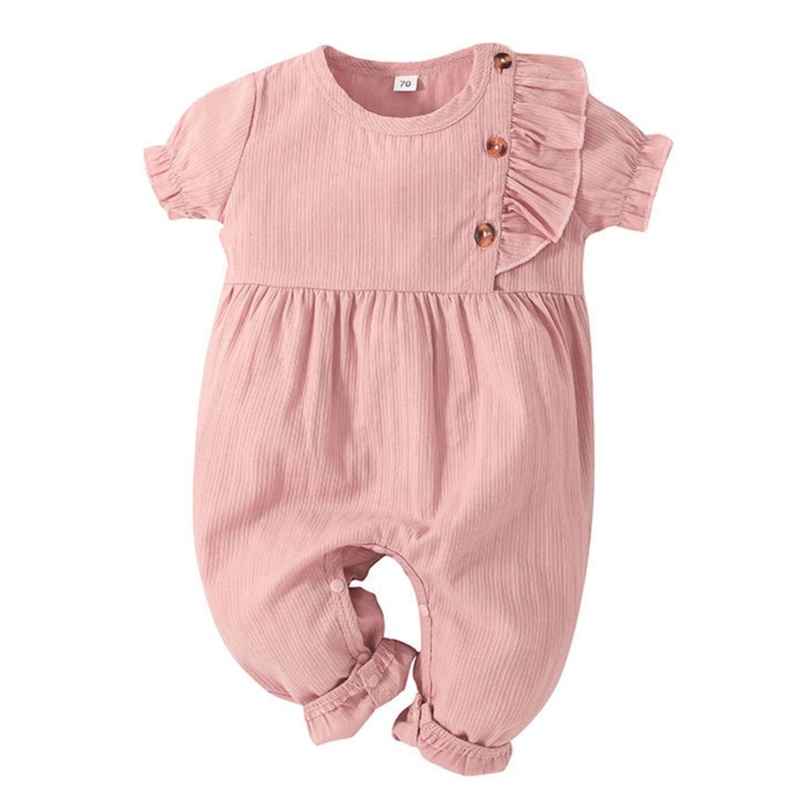 Bộ Áo Liền Quần Bằng Cotton Tay Ngắn Màu Trơn Thời Trang Dành Cho Bé Gái