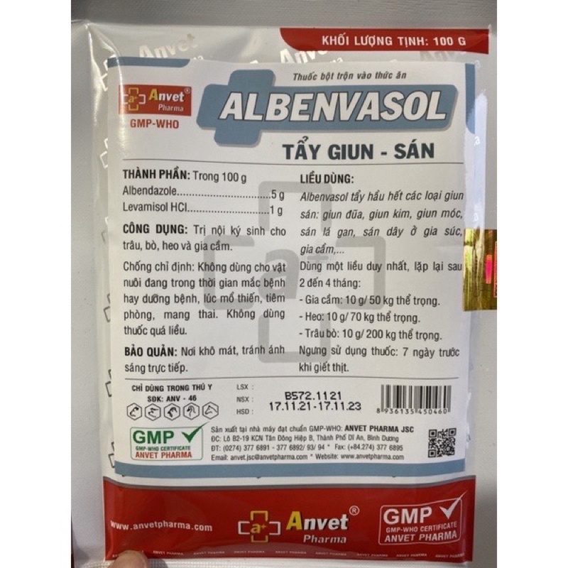 Albenvasol 100gram -gi.un s.án dùng cho gia cầm, gia súc