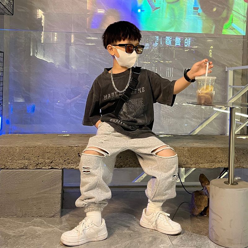 Bộ Áo Thun In Hình Mặt Nạ + Quần Rách Phong Cách Đường Phố Hàn Quốc Thời Trang Mùa Hè Mới Dành Cho Bé Trai 0109