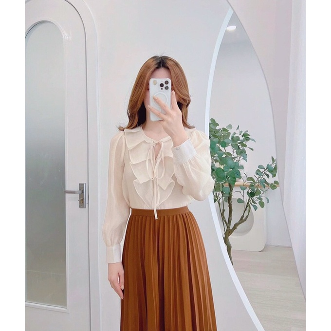 Áo sơ mi voan tơ cổ xếp đủ size đủ 4 màu kết hợp chân váy xếp ly dài