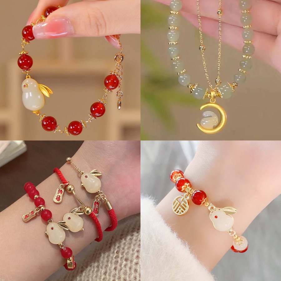Vòng Tay Chuỗi Hạt Đá Ngọc Bích Phối Mặt Hình Thỏ May Mắn