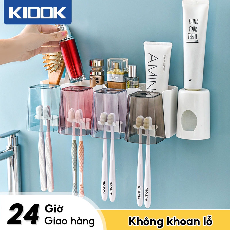 Kệ để bàn chải nhả kem đánh răng tự động thông minh giá treo 4 cốc Giá để bàn chải đánh răng tường dùng cho nhà tắm