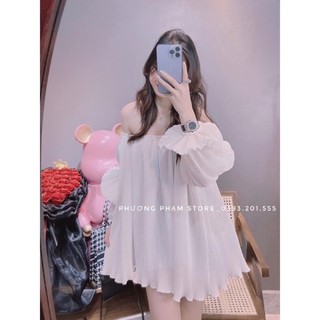 Váy babydoll trễ vai dập ly