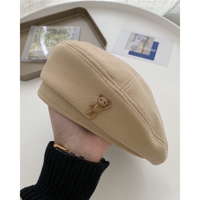 Mũ Beret, mũ nồi len họa tiết gấu phong cách Nhật Bản, thời trang thu đông cho nữ