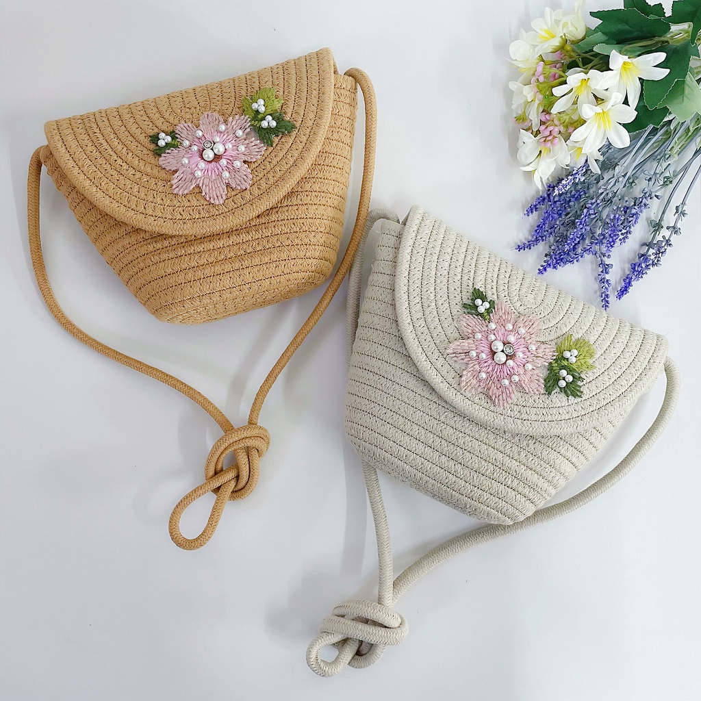 Túi đan tay mẫu mới, thời trang Hàn Quốc, đa năng, hoa, một vai, túi nữ túi đi biển ngọt ngào