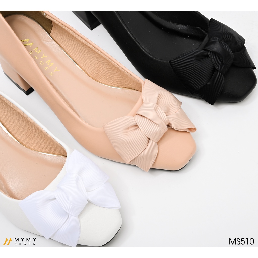 Giày cao gót da lì nơ vải thắt tầng gót vuông mymy shoes MS510