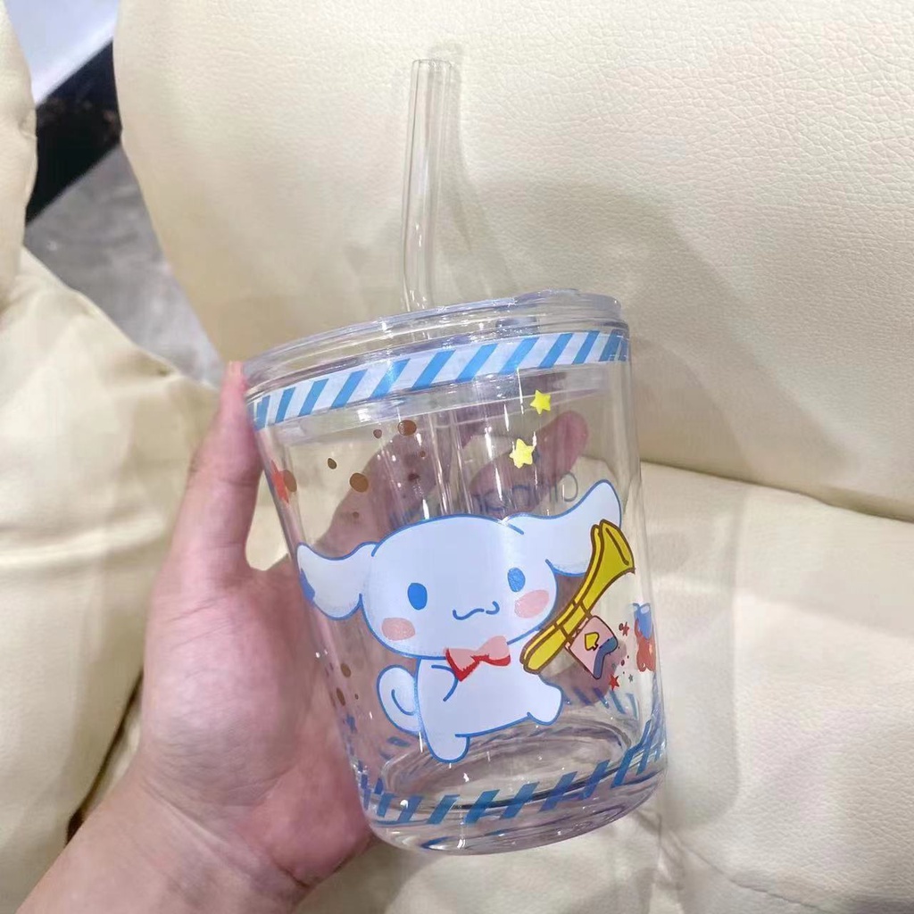 SANRIO Cốc Uống Sữa Bằng Thủy Tinh Chịu Nhiệt Hình Hello Kitty Kuromi Kèm Ống Hút