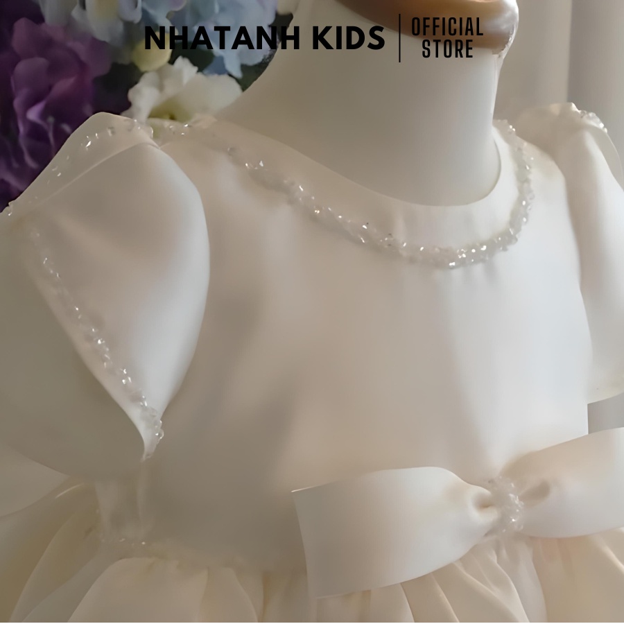 Đầm công chúa bé gái NHATANH KIDS màu trắng tay búp viền ngọc quanh váy cho bé từ 0-12 tuổi NA30