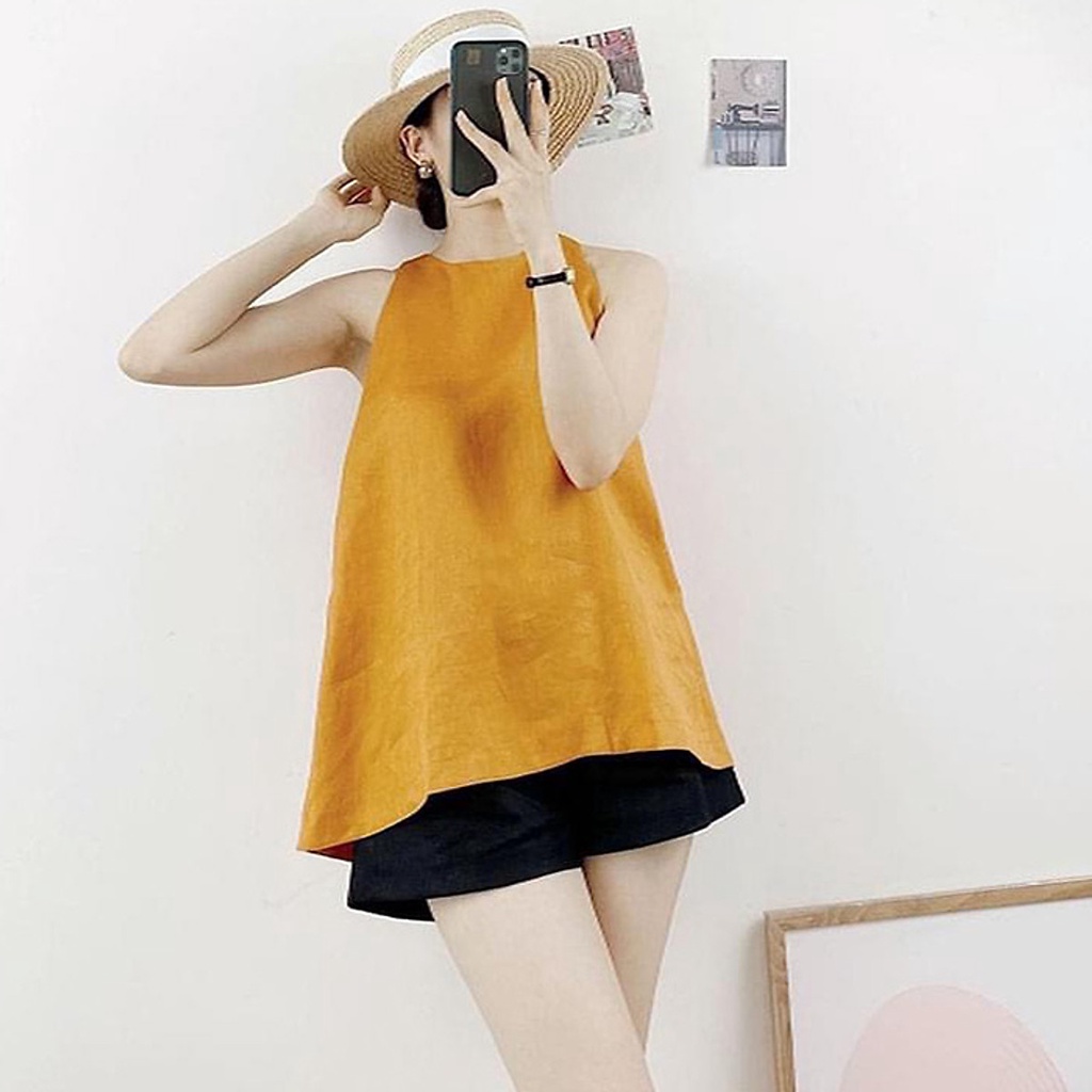 Áo kiểu dáng yếm khoét sâu hở lưng cúc bọc, chất vải Linen thô nhập Hàn cao cấp xịn xò