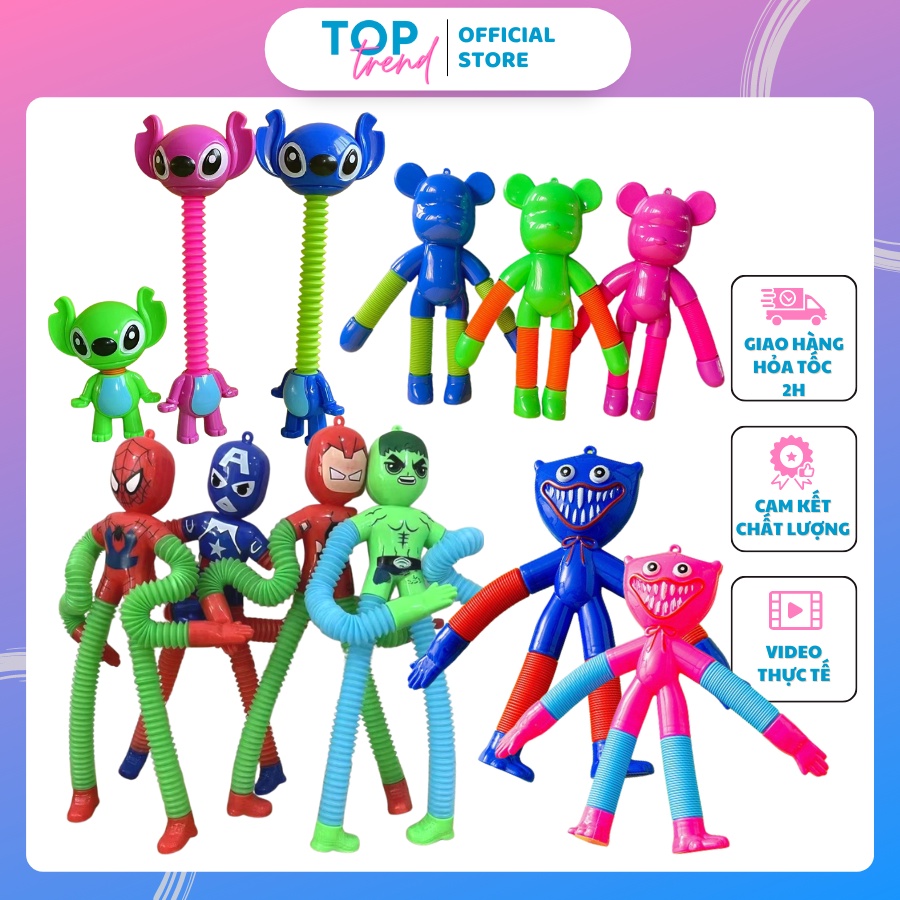 Đồ chơi lò xo kéo giãn vui nhộn, đồ chơi giảm stress giải trí cho bé hình Stich, Huggy Wuggy, BearBrick, Siêu anh hùng