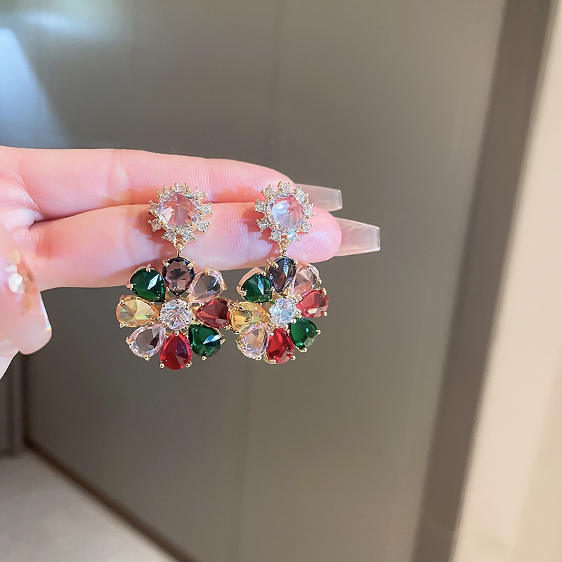 Bông Tai Hình Hoa Đính Đá Zircon Nhiều Màu Thời Trang Cao Cấp Sang Trọng