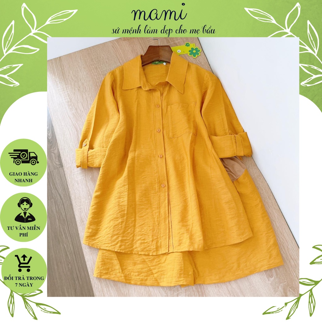 Bộ đồ bầu thiết kế mami kiểu dáng cổ sơ mi,tay lỡ quần ngắn chất liệu tơ đũi phù hợp đi chơi, du lịch size 40-75kg